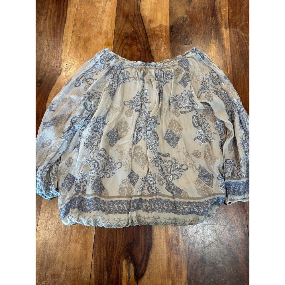 Elena Baldi Italy silk paisley boho bubble hem blouse blue beige large 3889